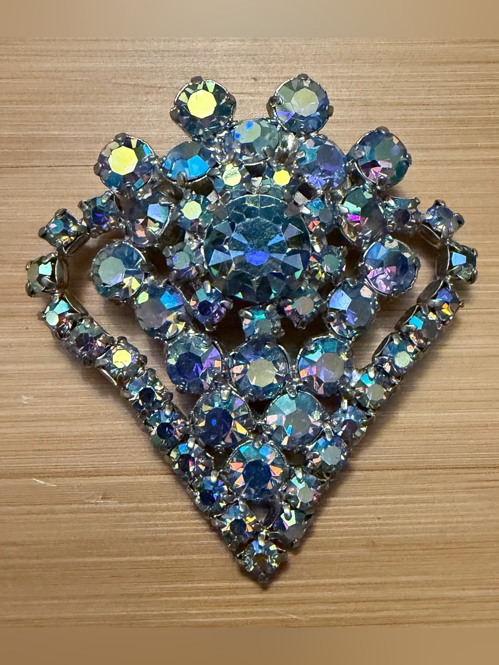 Vintage 1950s Blue Aurora Borealis Rhinestone Shield Brooch Pin Statement Costum